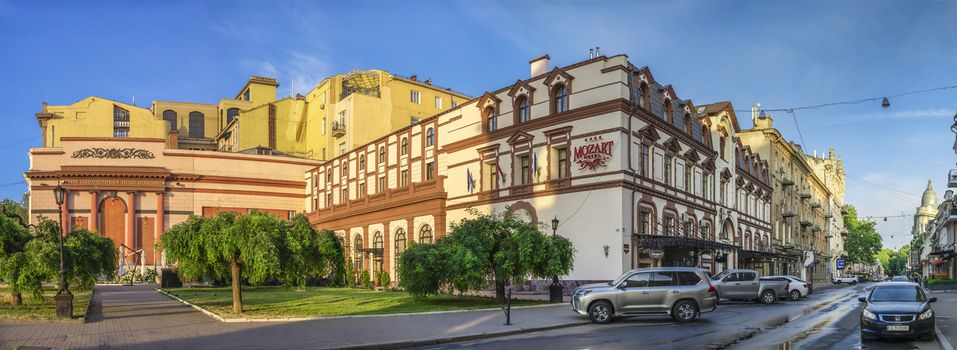 Odessa, Ukraine - 06.12.2018. Sunny summer morning in the historical center of Odessa, Ukraine. Luxury hotel Mozart