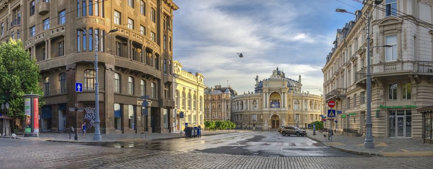 Odessa, Ukraine - 06.12.2018. Sunny summer morning in the historical center of Odessa, Ukraine. Opera House and theatre square