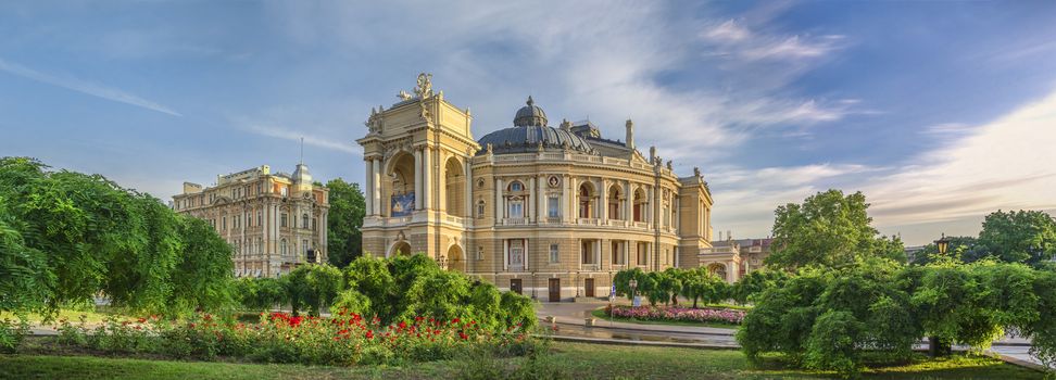 Odessa, Ukraine - 06.12.2018. Sunny summer morning in the historical center of Odessa, Ukraine. Opera House and theatre square