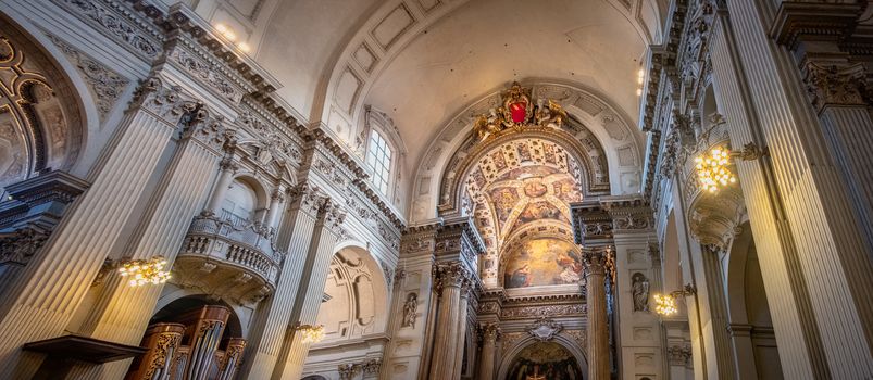 panoramic church interior of Bologna cathedral of San Pietro in Italy .