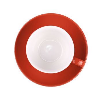 One red empty coffee or tea cup with saucer isolated on white background, elevated top view, directly above