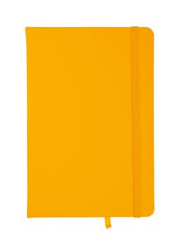 Closed yellow faux leather cover notebook isolated on white background, flat lay, directly above