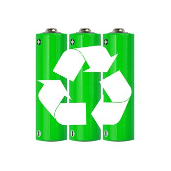 Close up group of vivid natural green alkaline AA batteries with white recycling icon sign isolated on white background