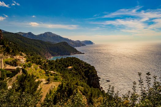 Sunset over the mountains and the ocean southwest of the island of Palma de Mallorca in Spain