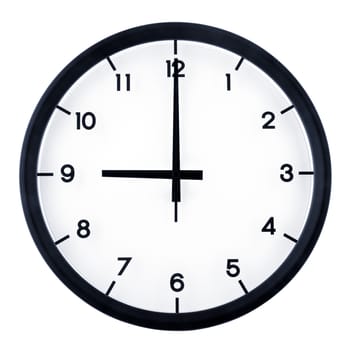 Classic analog clock pointing at 9 o'clock, isolated on white background