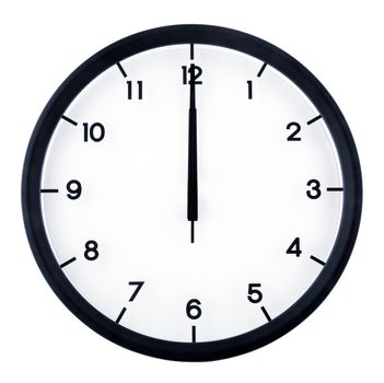 Classic analog clock pointing at 12 o'clock, isolated on white background