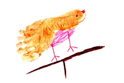 Child artwork, foot print bird on plain background.