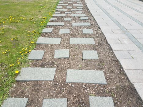 rectangle and square stepping stones and green grass and dandelions