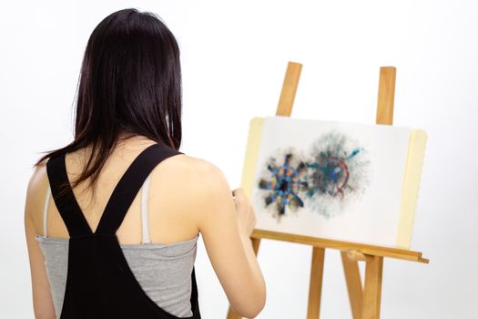 Over the shoulder shot of artist painting on easel