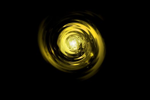 Glowing golden light vortex on black backdrop, abstract background
