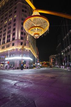 Chandelier in Cleveland theather district at night