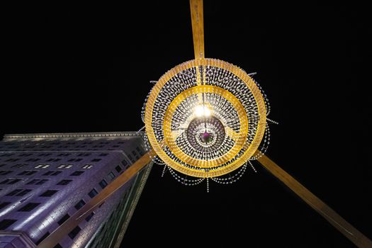 Cleveland theather chandelier at night viewed from under
