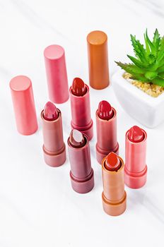 Beautiful Red Orange Lipstick tone collection with green cactus on marble background.