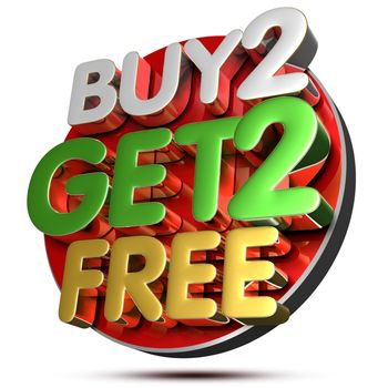 Buy 2 Get 2 Free 3D rendering on white background.(with Clipping Path).