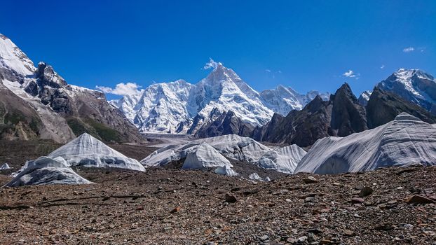 K2 and Broad Peak from Concordia in the Karakorum Mountains Pakistan