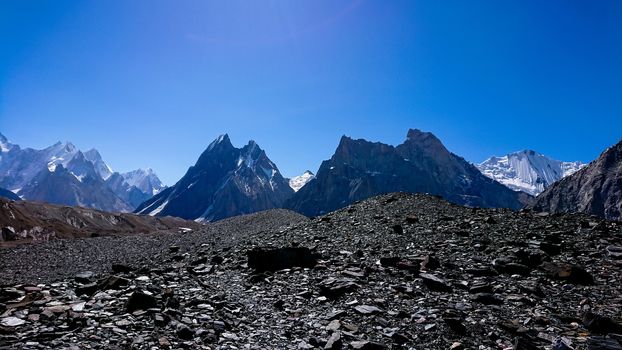 K2 and Broad Peak from Concordia in the Karakorum Mountains Pakistan