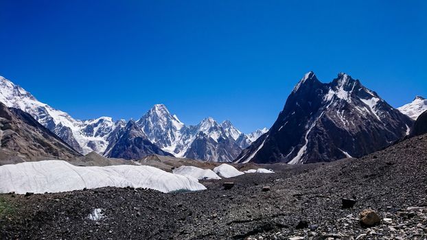 K2 and Broad Peak from Concordia in the Karakorum Mountains Pakistan