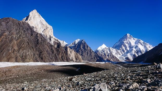 K2 and Broad Peak from Concordia in the Karakorum Mountains Pakistan