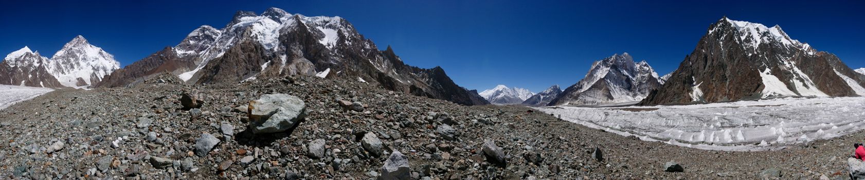 K2 and Karakorum Peaks Panorama at Concordia Pakistan. K2 Broad Peak and Gasherbrum IV towering above Baltoro Glacier.