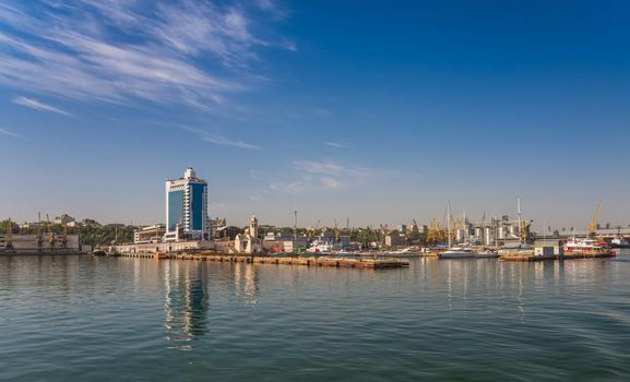 Odessa, Ukraine - 08.28.2018. Yacht club in the port of Odessa, Ukraine. Panoramic view from the sea in a sunny summer day.