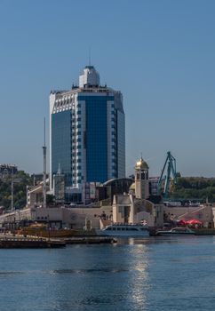 Odessa, Ukraine - 08.28.2018. Yacht club in the port of Odessa, Ukraine. Panoramic view from the sea in a sunny summer day.