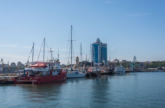 Odessa, Ukraine - 08.28.2018. Yacht club in the port of Odessa, Ukraine. Panoramic view from the sea in a sunny summer day.