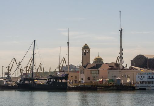 Odessa, Ukraine - 08.28.2018. Yacht club in the port of Odessa, Ukraine. Panoramic view from the sea in a sunny summer day.