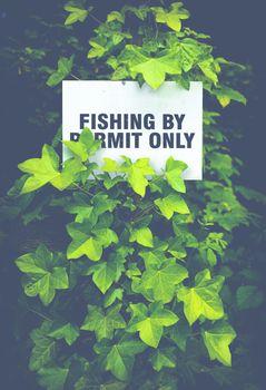 Fishing By Permit Only Sign Hidden In The Foliage By A Scottish River