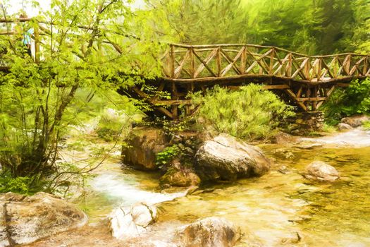 Wooden bridge over a river in the mountains of Olympus at Greece - Digital painting