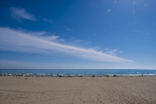 Meditation and fun in nature. Forest and beautiful sea in Mediterranean.