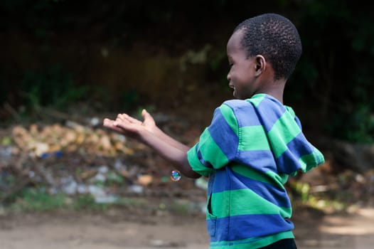 little boy wants to catch the bubbles blown by his mother.