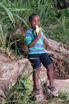 Boy sitting on a tree trunk eating a banana with pleasure.
