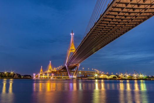 Bhumibol Bridge, Chao Phraya River Bridge. Turn on the lights in many colors at night.