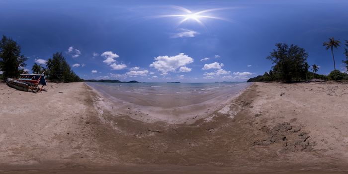 Panorama VR 360 Thung Makham Bay In Chumphon Province. Beautiful sea, clear water
There are ruins and boats that are destroyed by monsoon winds.