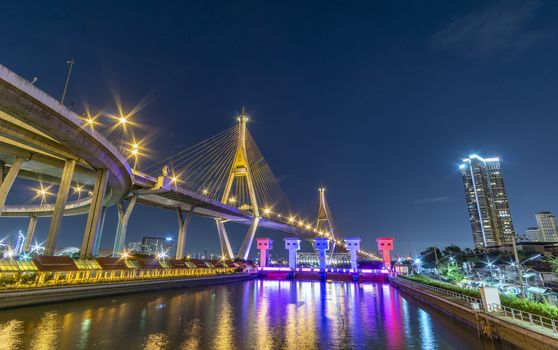 Bhumibol Bridge, Chao Phraya River Bridge. Turn on the lights in many colors at night.