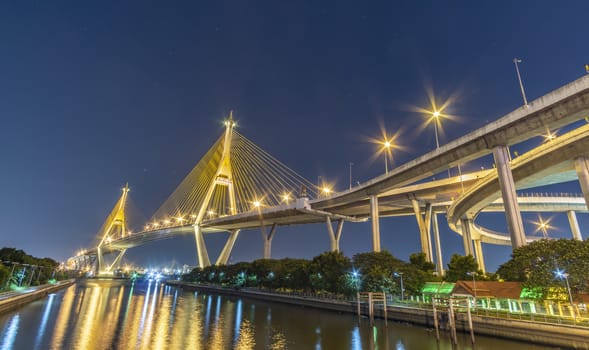Bhumibol Bridge, Chao Phraya River Bridge. Turn on the lights in many colors at night.