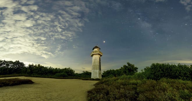 The lighthouse looks neat in the sea, the old lighthouse in the wilderness. The sky behind has clouds, stars and the Milky Way.