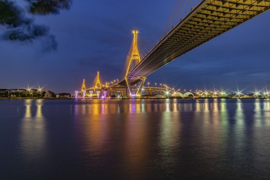Bhumibol Bridge, Chao Phraya River Bridge. Turn on the lights in many colors at night.