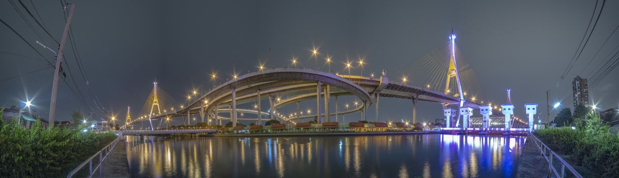 Pnorama Bhumibol Bridge, Chao Phraya River Bridge. Turn on the lights in many colors at night. Pnorama