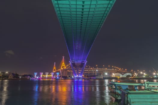 Bhumibol Bridge, Chao Phraya River Bridge. Turn on the lights in many colors at night.