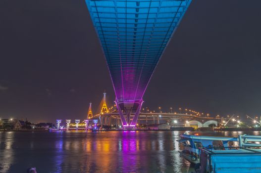 Bhumibol Bridge, Chao Phraya River Bridge. Turn on the lights in many colors at night.