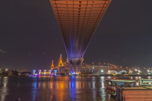 Bhumibol Bridge, Chao Phraya River Bridge. Turn on the lights in many colors at night.