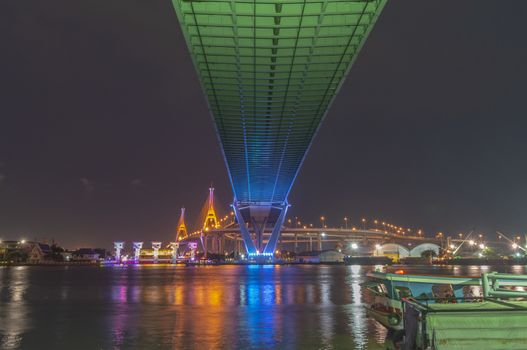 Bhumibol Bridge, Chao Phraya River Bridge. Turn on the lights in many colors at night.