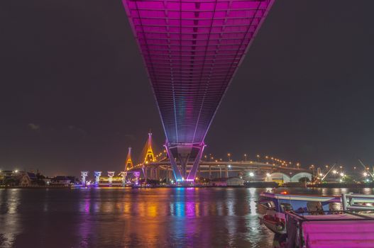 Bhumibol Bridge, Chao Phraya River Bridge. Turn on the lights in many colors at night.