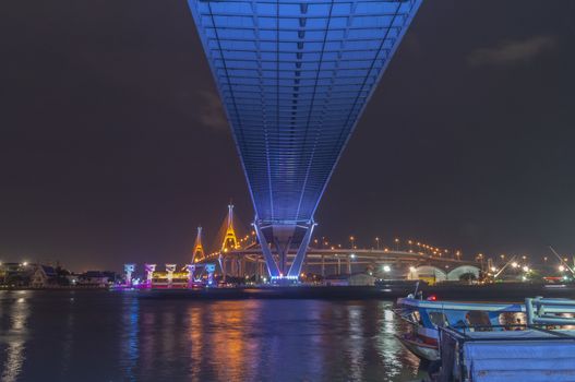 Bhumibol Bridge, Chao Phraya River Bridge. Turn on the lights in many colors at night.