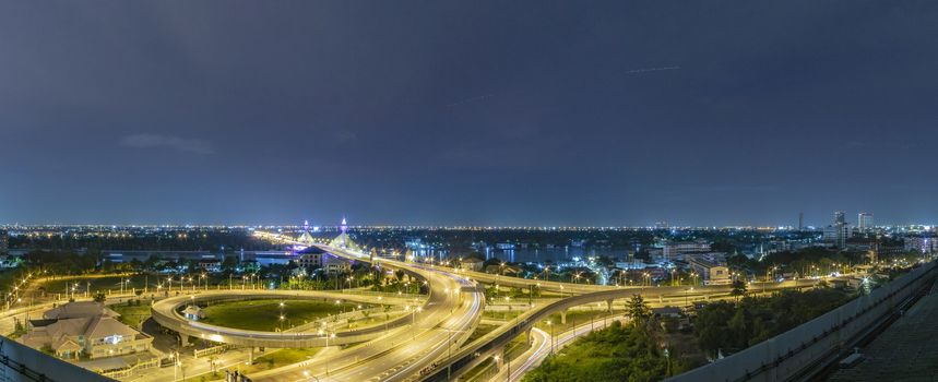 Panorama traffic on the bridge,Bridge over the Chao Phraya River at night