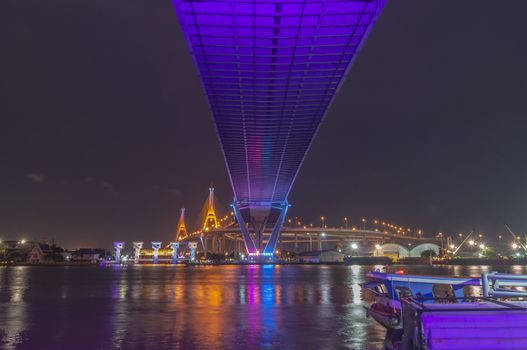Bhumibol Bridge, Chao Phraya River Bridge. Turn on the lights in many colors at night.