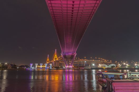 Bhumibol Bridge, Chao Phraya River Bridge. Turn on the lights in many colors at night.