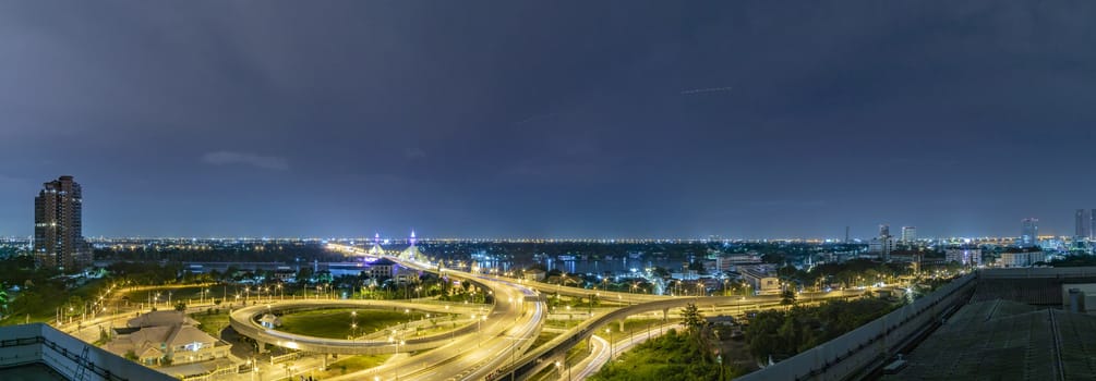 Panorama traffic on the bridge,Bridge over the Chao Phraya River at night