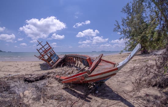 Storm damage. Fishing boat are damaged. Boat collapsed.